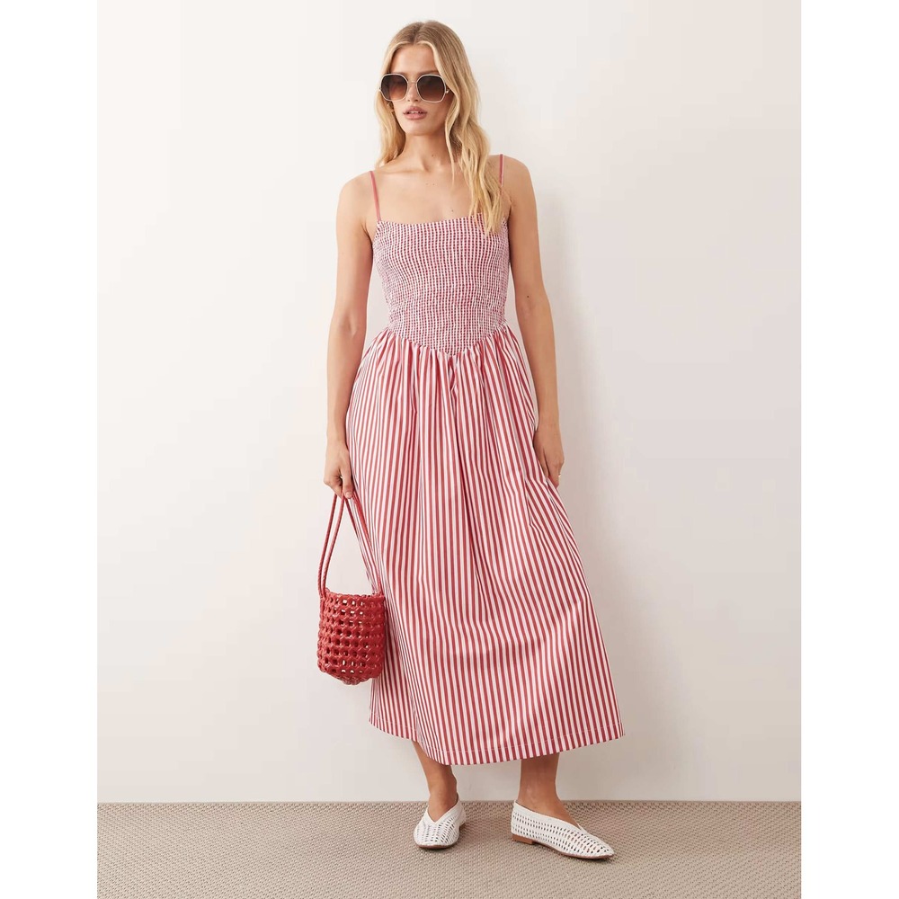 Abercrombie & Fitch Red White Striped Smocked Midi Dress Women Size Small